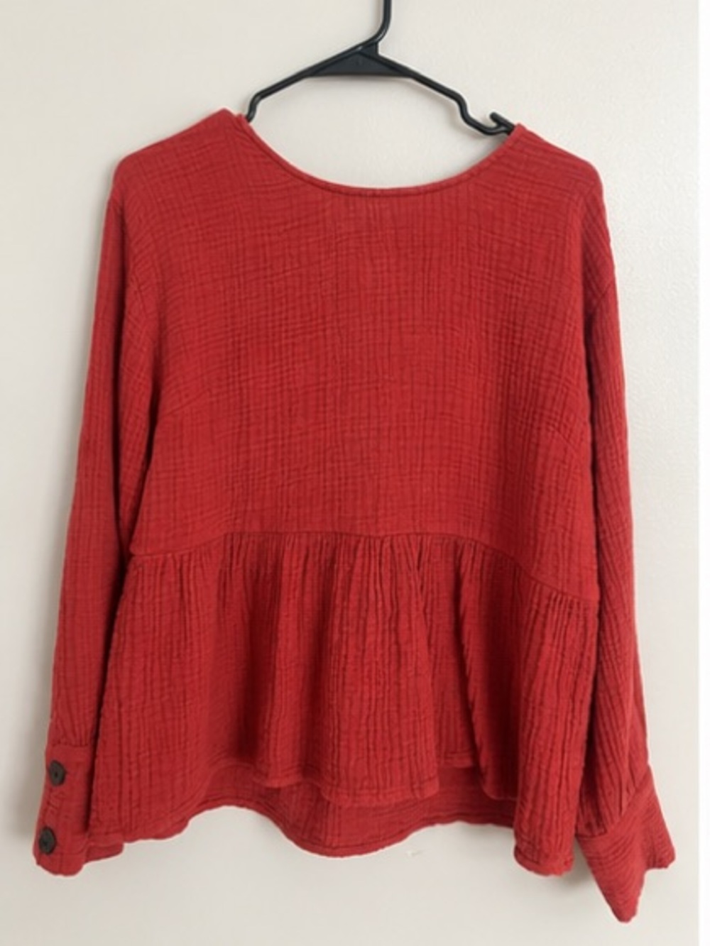 Madewell Size M Red Gauze Peplum Button Back Long Sleeve Top